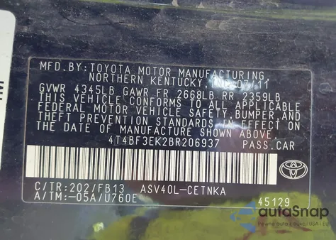 2011 Toyota Camry Le из США, поврежденный, VIN 4T4BF3EK2BR206937